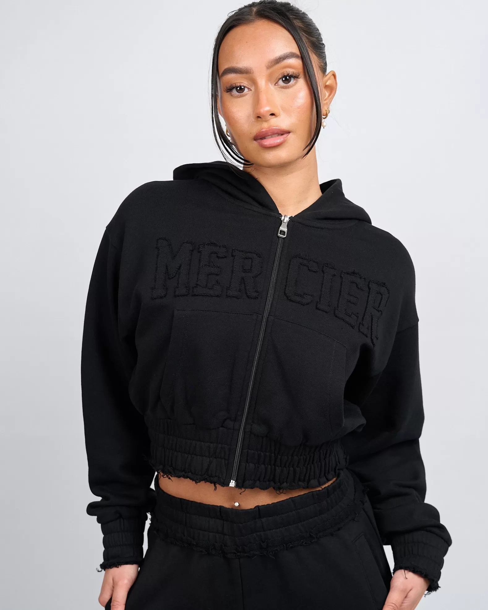 Discount Mercier Womens Black Distressed Cropped Hoodie