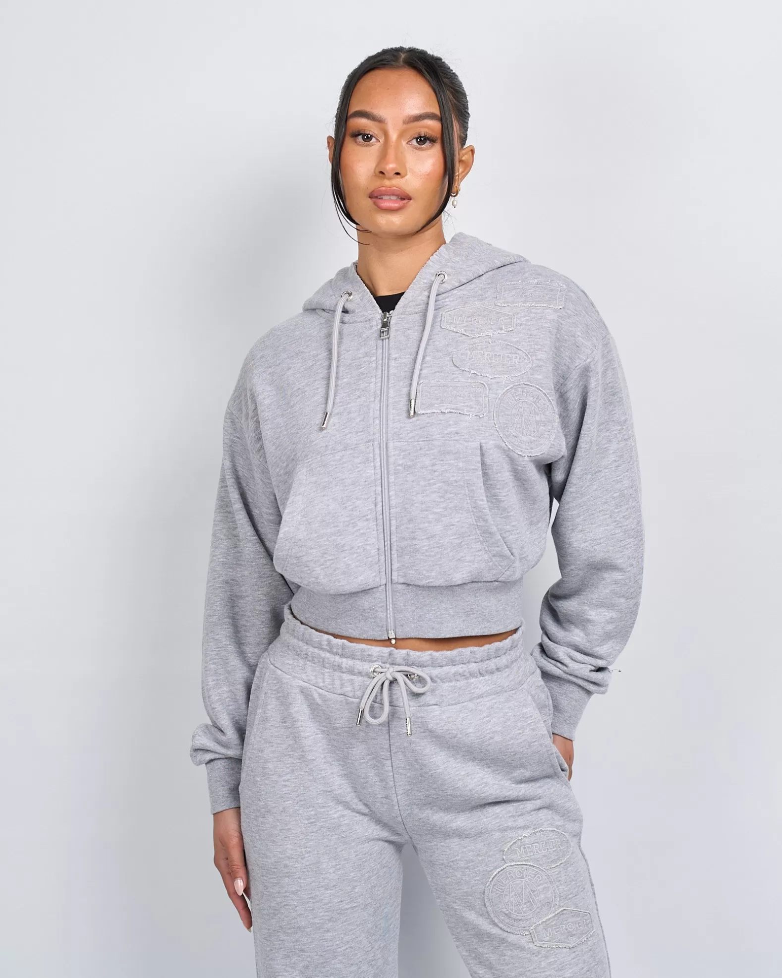 Cheap Mercier Womens Grey Marl OG Badge Raw Cropped Hoodie